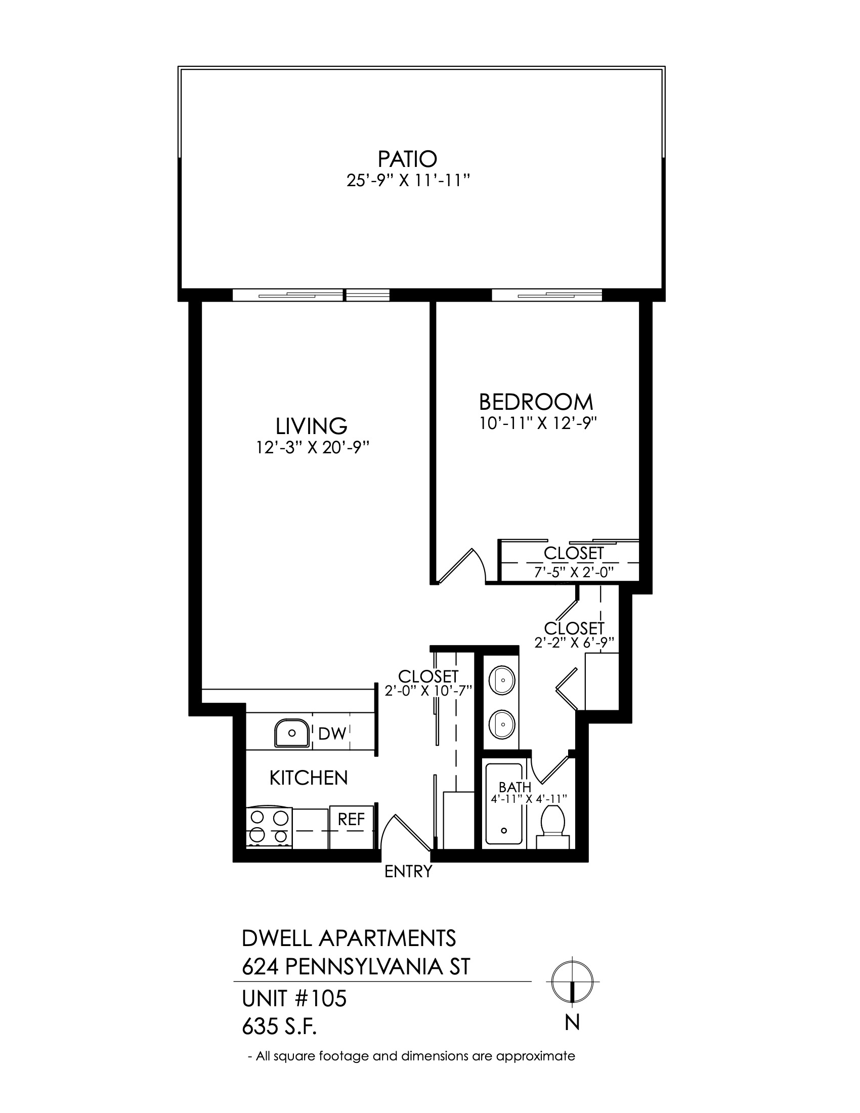 Floor plan for 1 bed, 1 bath, 610 sqft